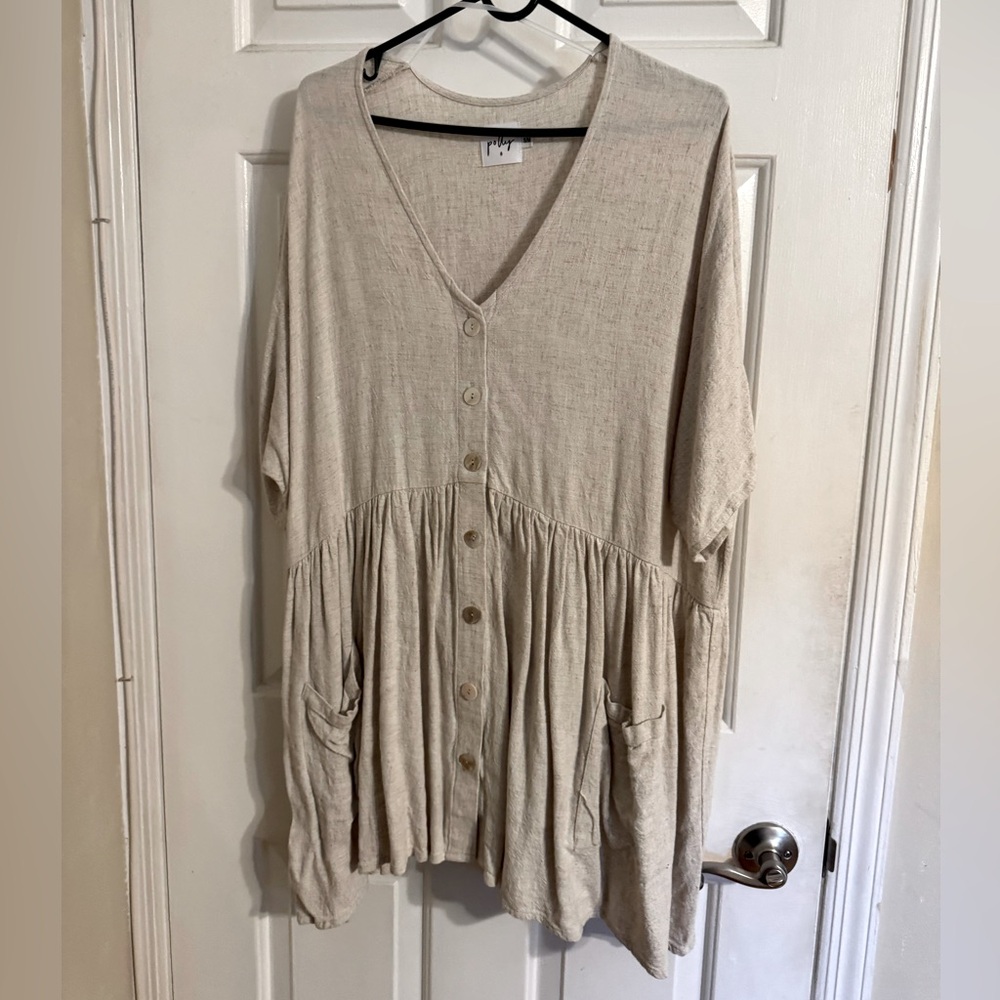 Beige Button-Down Tunic with Pockets